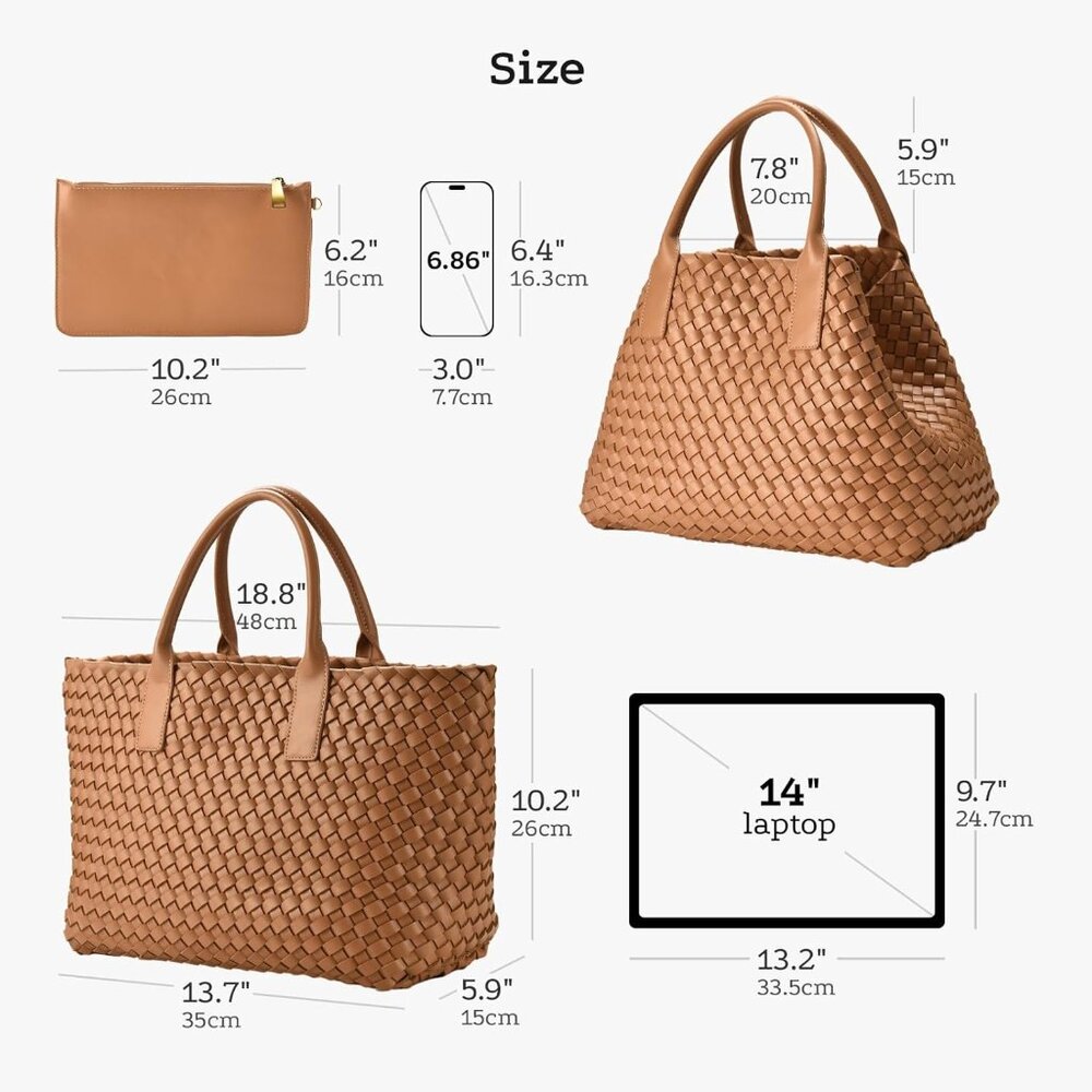 Apricot vegan woven tote bag for women, large convertible handbag with zipper - Picture 5 of 7